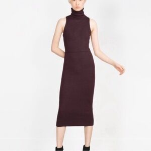 Zara Turtleneck Midi Dress Medium Brown Ribbed Bodycon Clean Girl Fall Chic Boho